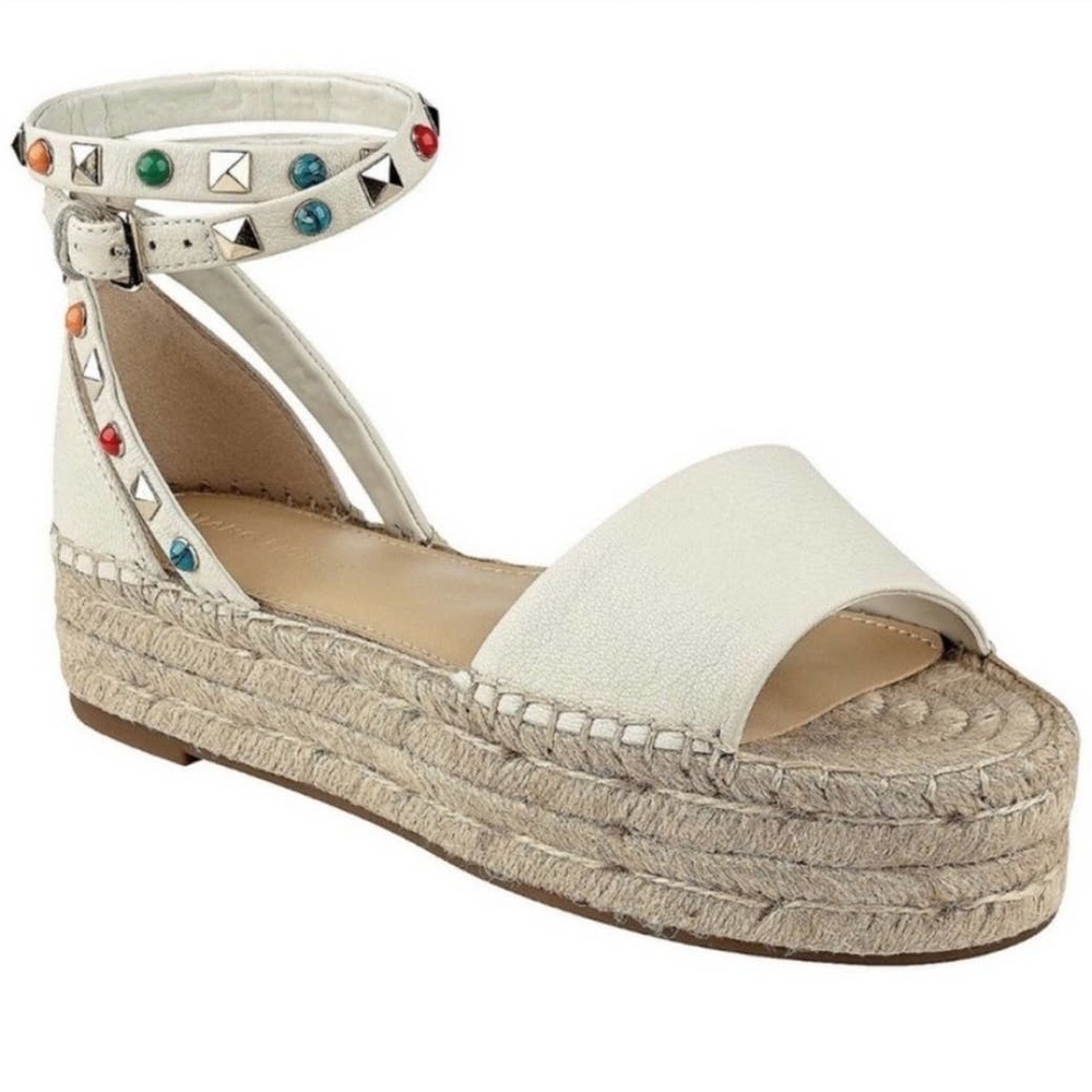 NWOT‎ Marc Fisher Vejan Platform Espadrille Ankle Wrap Sandal 8 Beige Studded